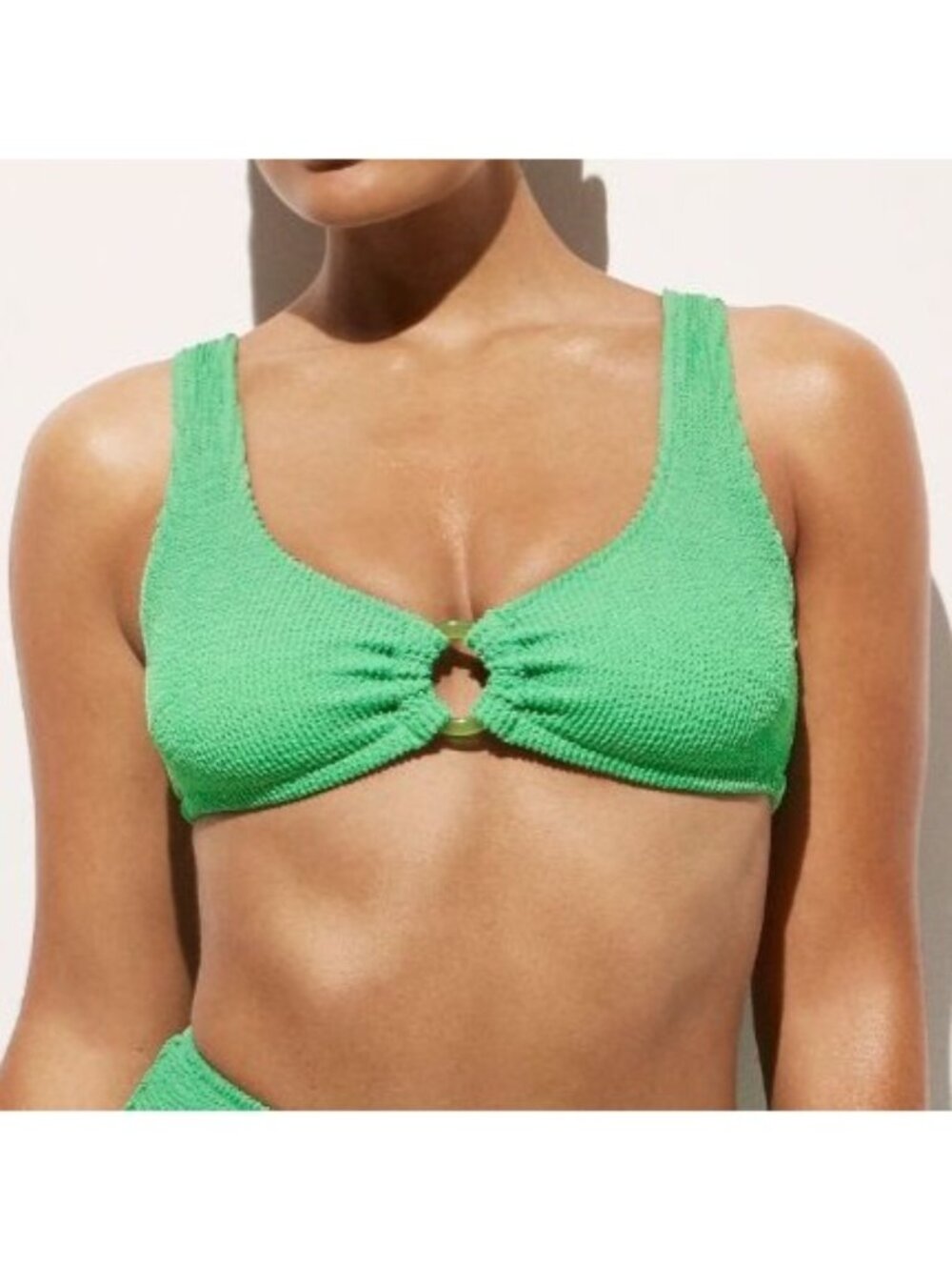 NWT J.Crew Claudia O-Ring Scrunchie Bikini Top Sz L Green Textured Swimwear Boho